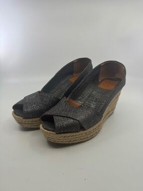 Tory Burch Metallic Pewter Espadrille Wedge Sandals Peep Toe Women's